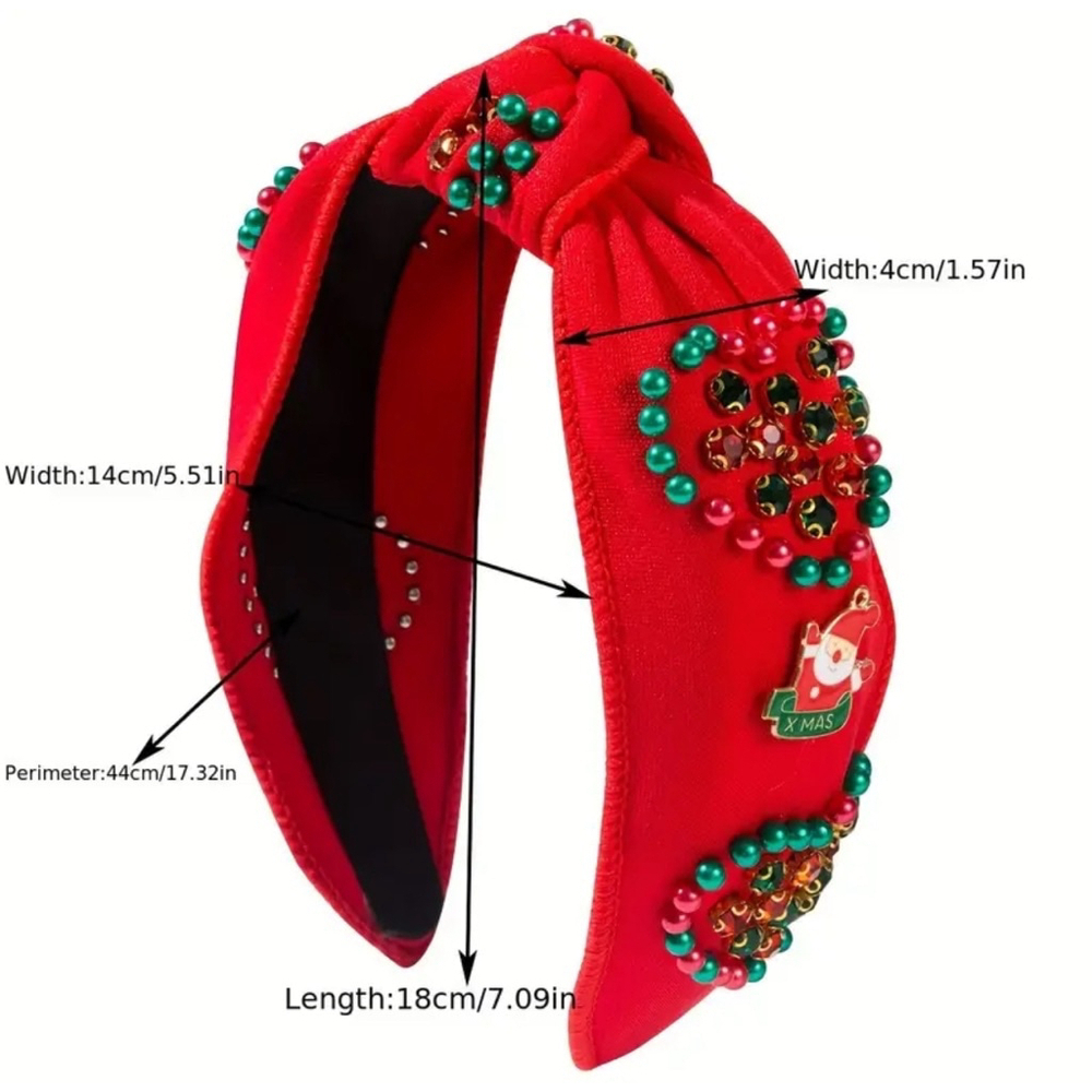 Christmas Heart Beaded Top Knot Headband with Santa Charms and Rhinestone - Picture 4 of 4